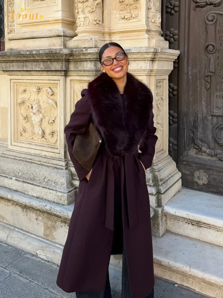 Women’s Luxury Faux Fur Collar Belted Winter Coat – Elegant Warm Long Overcoat