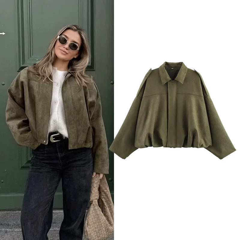 Women’s Oversized Vintage Bomber Jacket – Loose Chic Long-Sleeve Coat