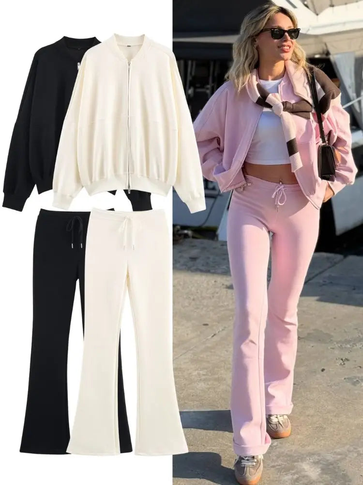 Women’s Casual Two-Piece Lounge Set – Bomber Jacket + Flared Trousers