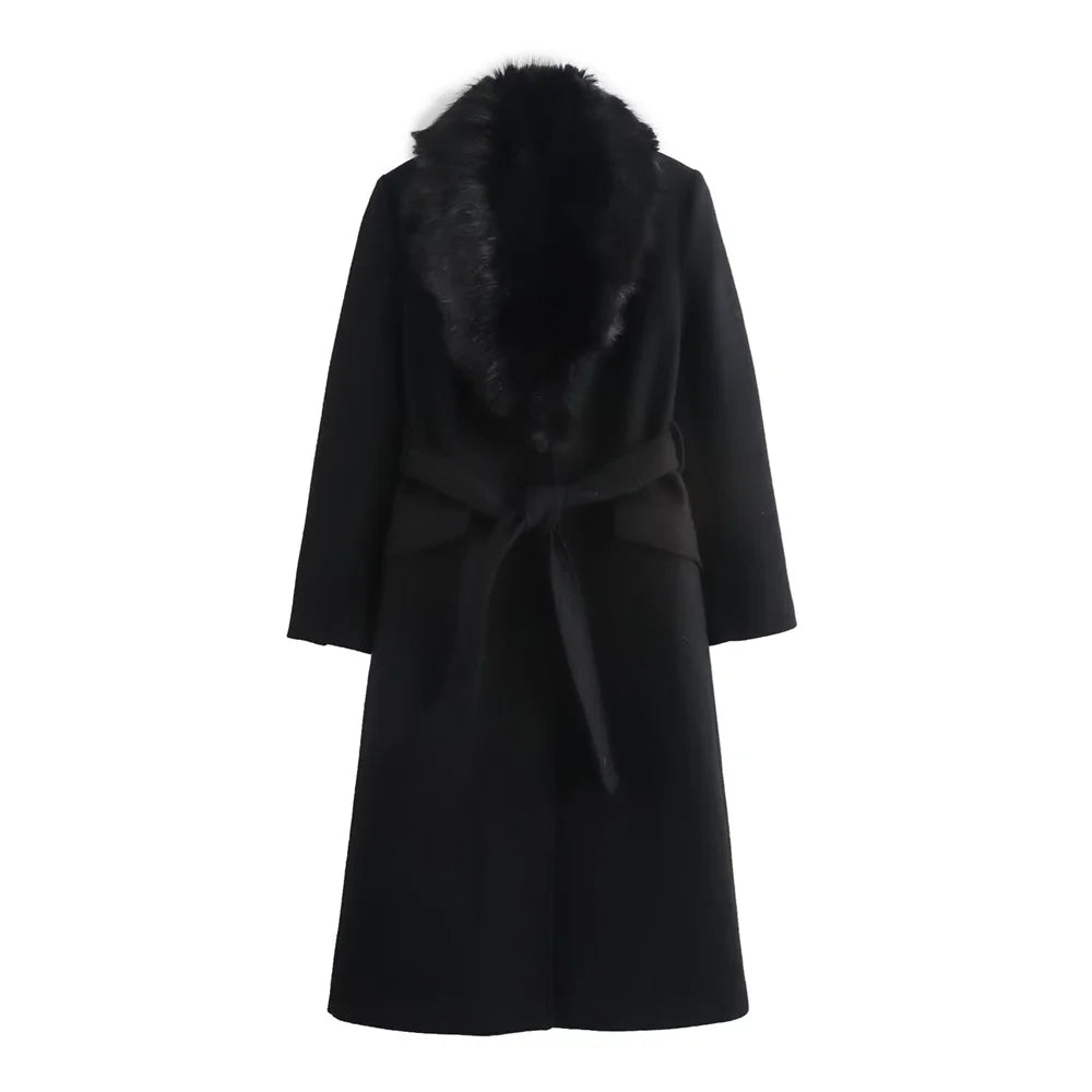 Women’s Luxury Faux Fur Collar Belted Winter Coat – Elegant Warm Long Overcoat