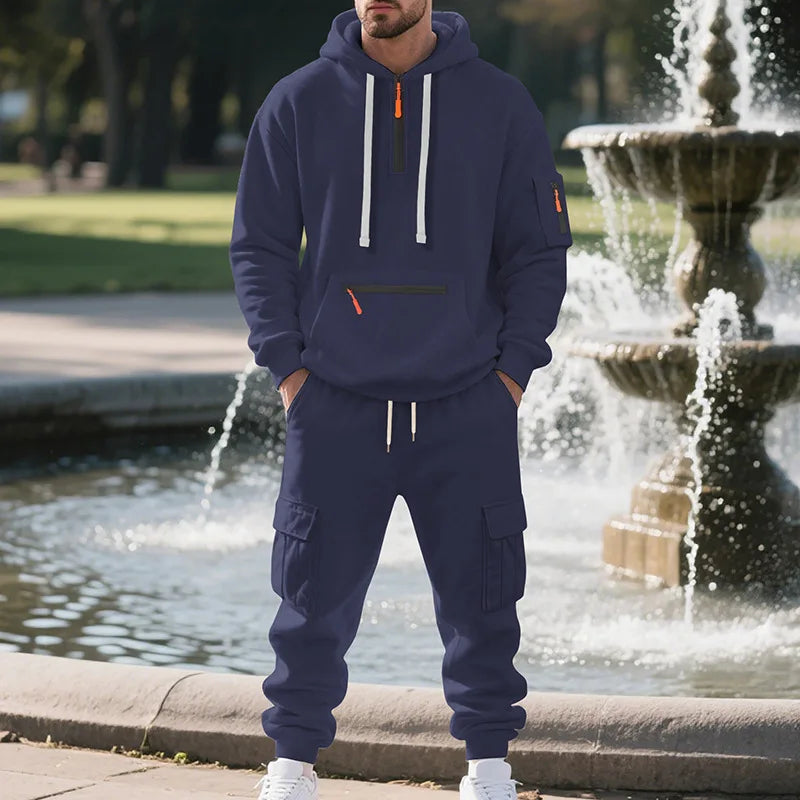 Men’s Fleece Sportswear Tracksuit – Hoodie + Multi-Pocket Joggers Set