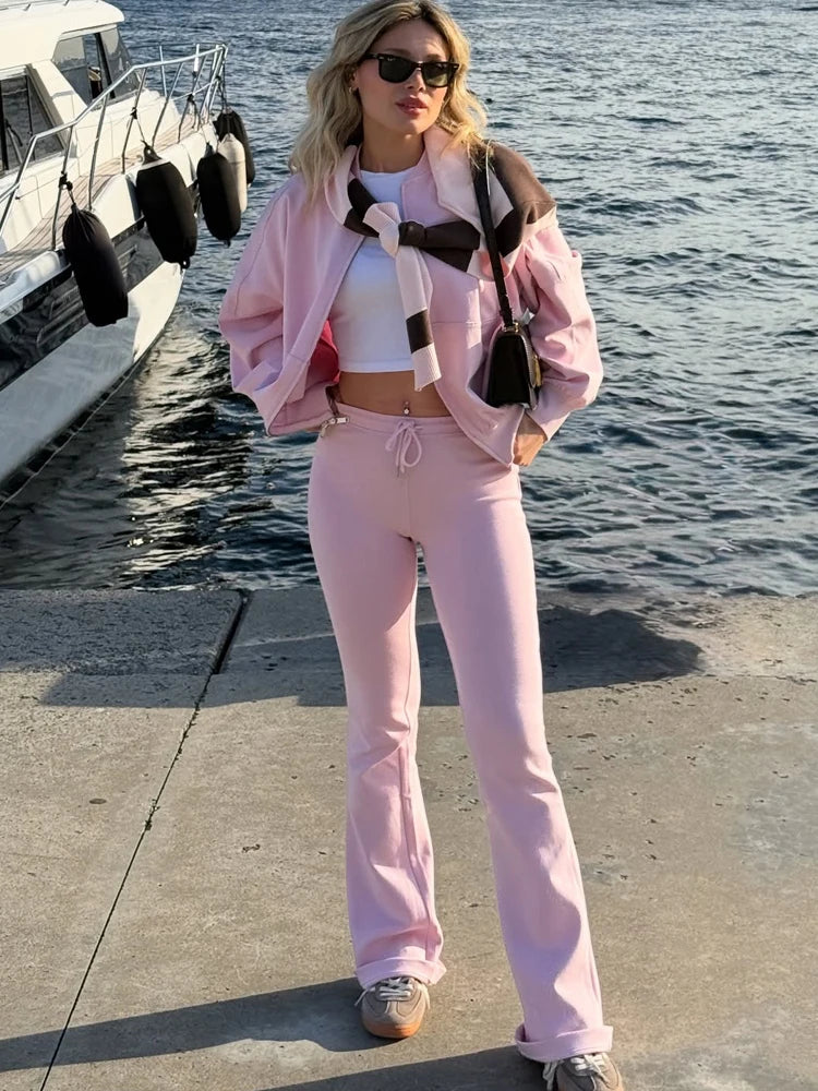 Women’s Casual Two-Piece Lounge Set – Bomber Jacket + Flared Trousers