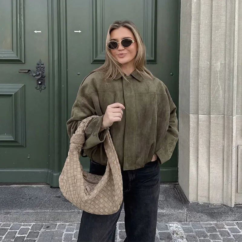 Women’s Oversized Vintage Bomber Jacket – Loose Chic Long-Sleeve Coat