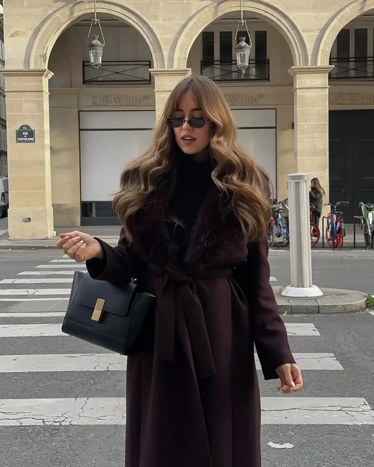 Women’s Luxury Faux Fur Collar Belted Winter Coat – Elegant Warm Long Overcoat