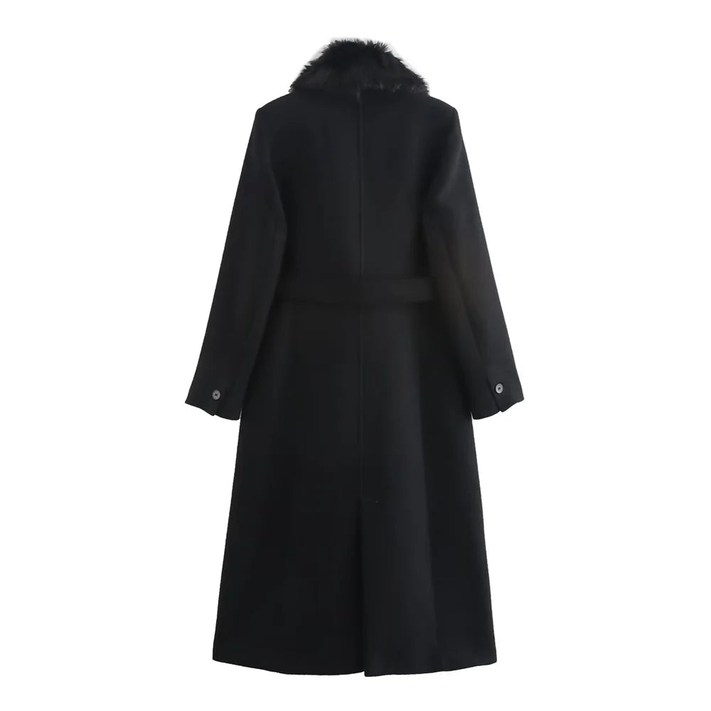 Women’s Luxury Faux Fur Collar Belted Winter Coat – Elegant Warm Long Overcoat