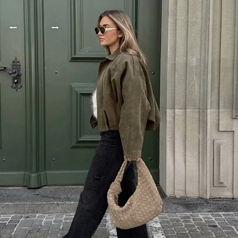 Women’s Oversized Vintage Bomber Jacket – Loose Chic Long-Sleeve Coat