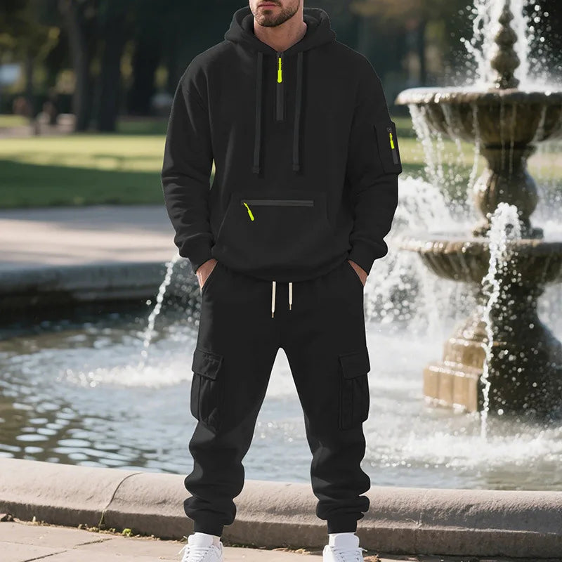Men’s Fleece Sportswear Tracksuit – Hoodie + Multi-Pocket Joggers Set