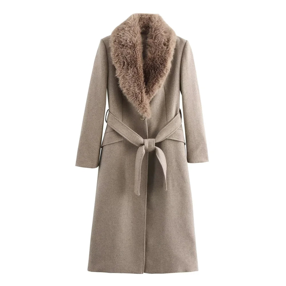 Women’s Luxury Faux Fur Collar Belted Winter Coat – Elegant Warm Long Overcoat