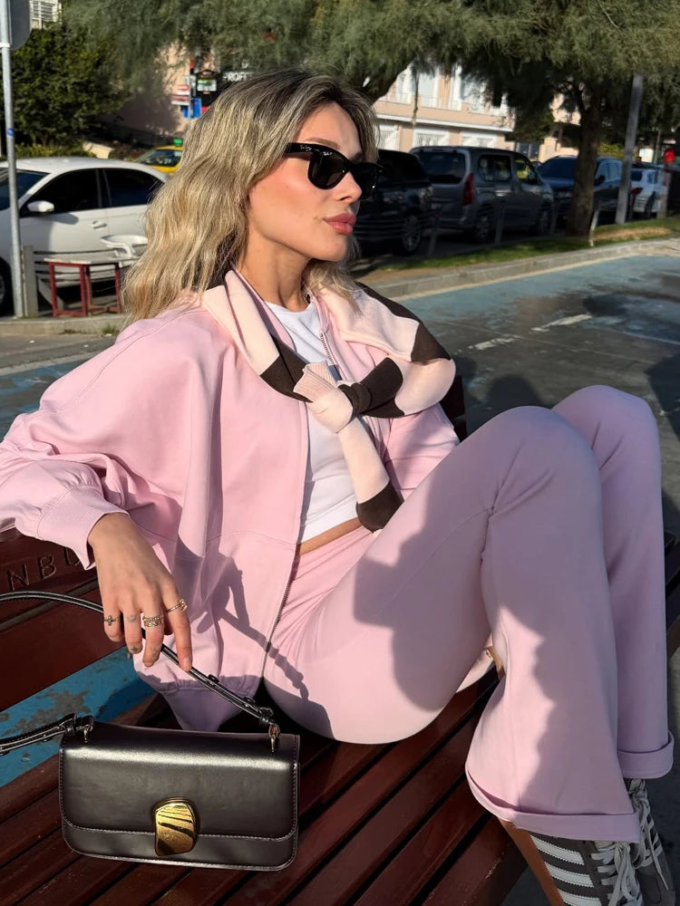 Women’s Casual Two-Piece Lounge Set – Bomber Jacket + Flared Trousers