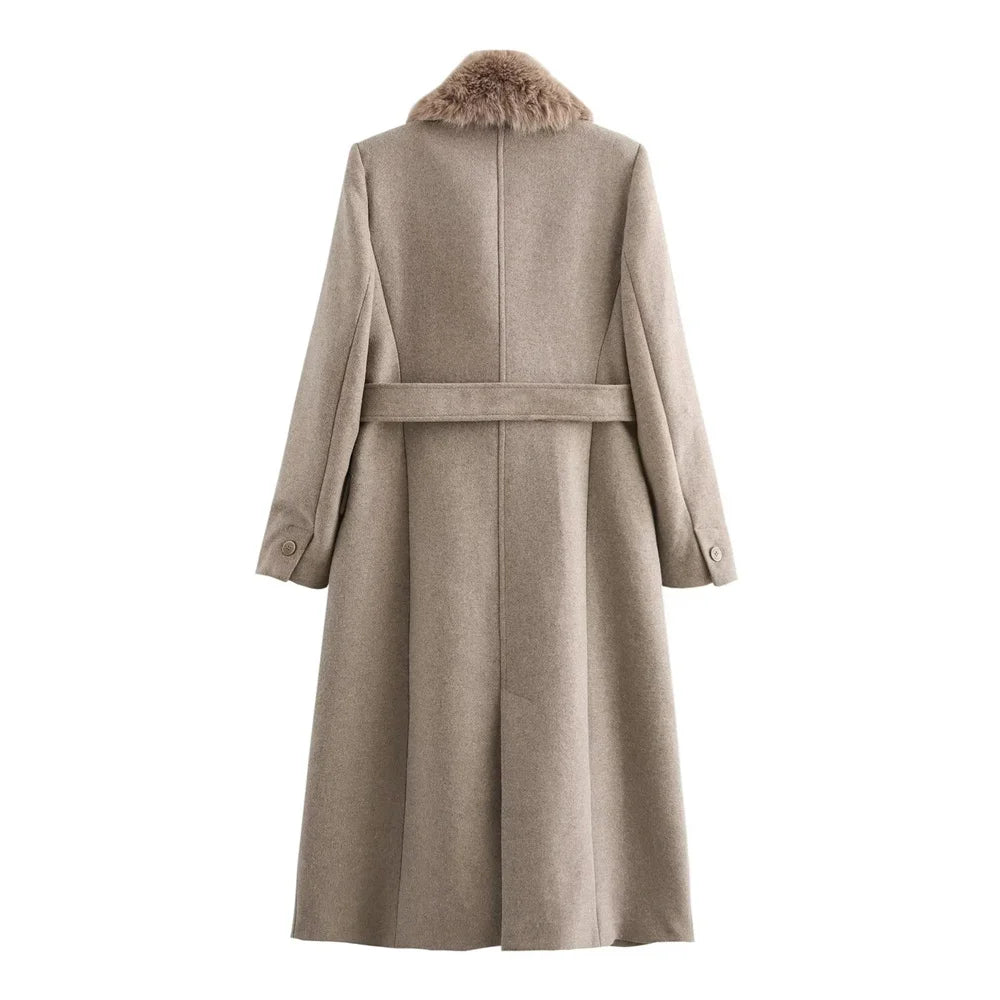 Women’s Luxury Faux Fur Collar Belted Winter Coat – Elegant Warm Long Overcoat
