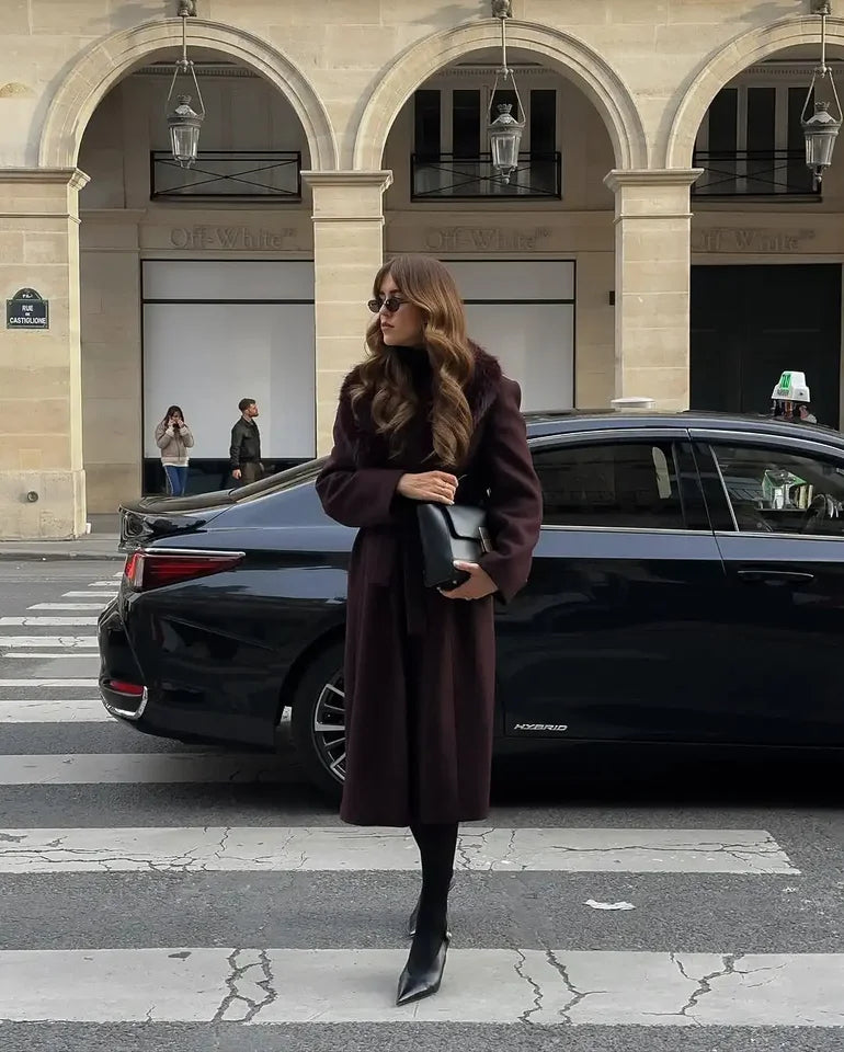 Women’s Luxury Faux Fur Collar Belted Winter Coat – Elegant Warm Long Overcoat