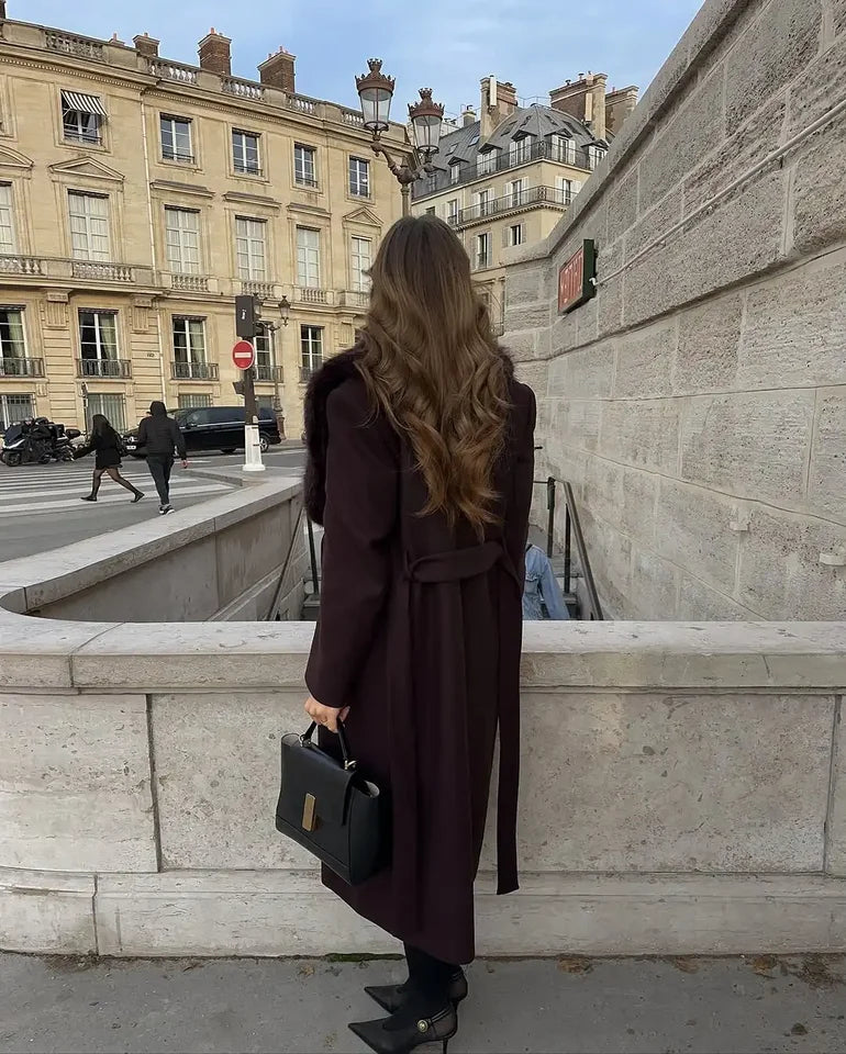 Women’s Luxury Faux Fur Collar Belted Winter Coat – Elegant Warm Long Overcoat