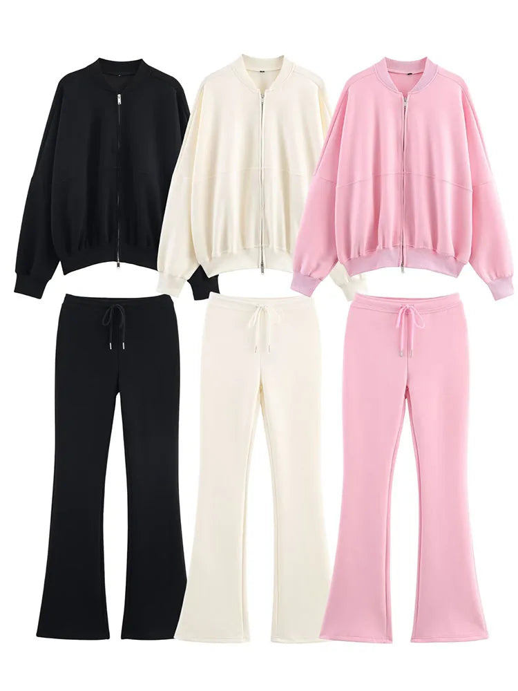 Women’s Casual Two-Piece Lounge Set – Bomber Jacket + Flared Trousers