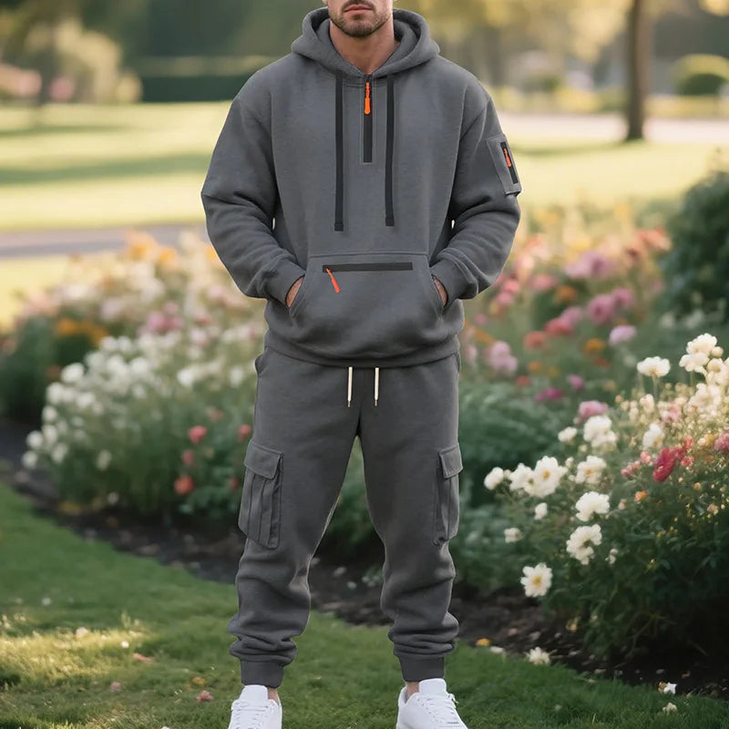 Men’s Fleece Sportswear Tracksuit – Hoodie + Multi-Pocket Joggers Set