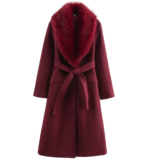 Women’s Luxury Faux Fur Collar Belted Winter Coat – Elegant Warm Long Overcoat